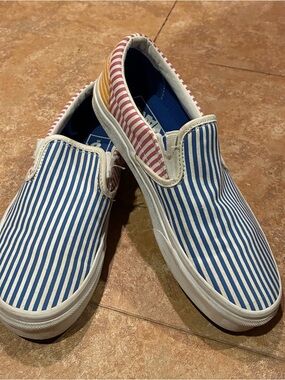 Vans Slip-On Sneakers Blue White Striped with Pink and Yellow Accents